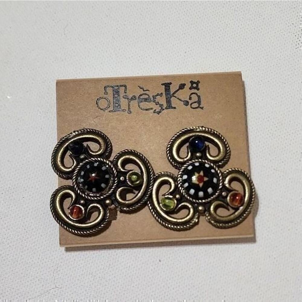 Treska Bohemian Antiqued Gold Millefiori Glass Scroll Clip On Earrings Multi